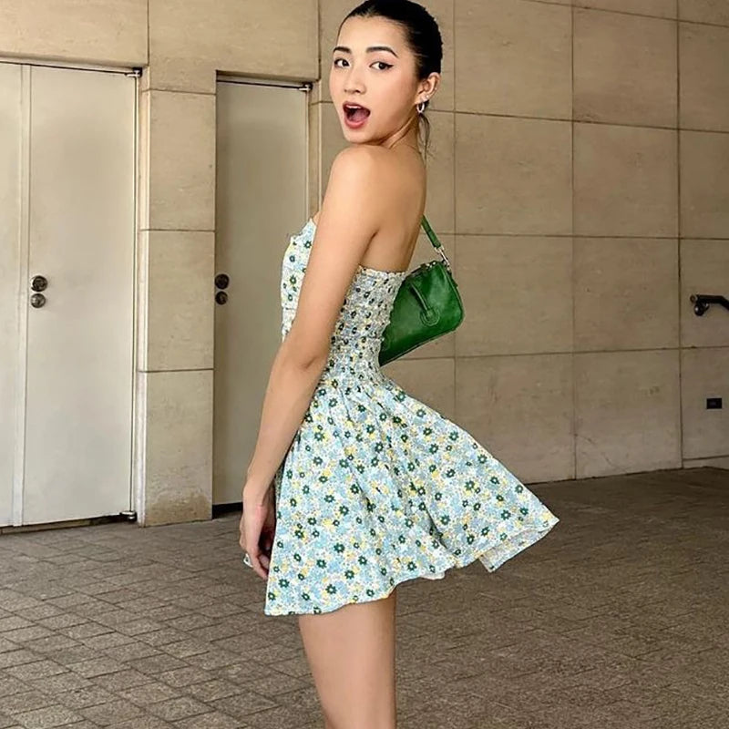 Aiertu  -  One-Shoulder Slim Strapless Print Dress For Women High Waisted Sleeveless Backless Fashion Sweet Summer New Ruched Dress Aiertu