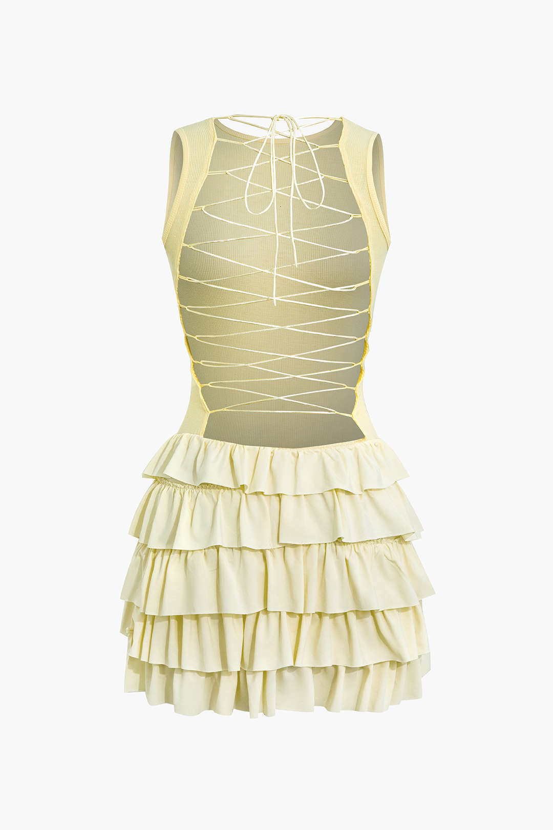 Aiertu  -  Lace Up Back Sleeveless Ruffle Hem Mini Dress Aiertu