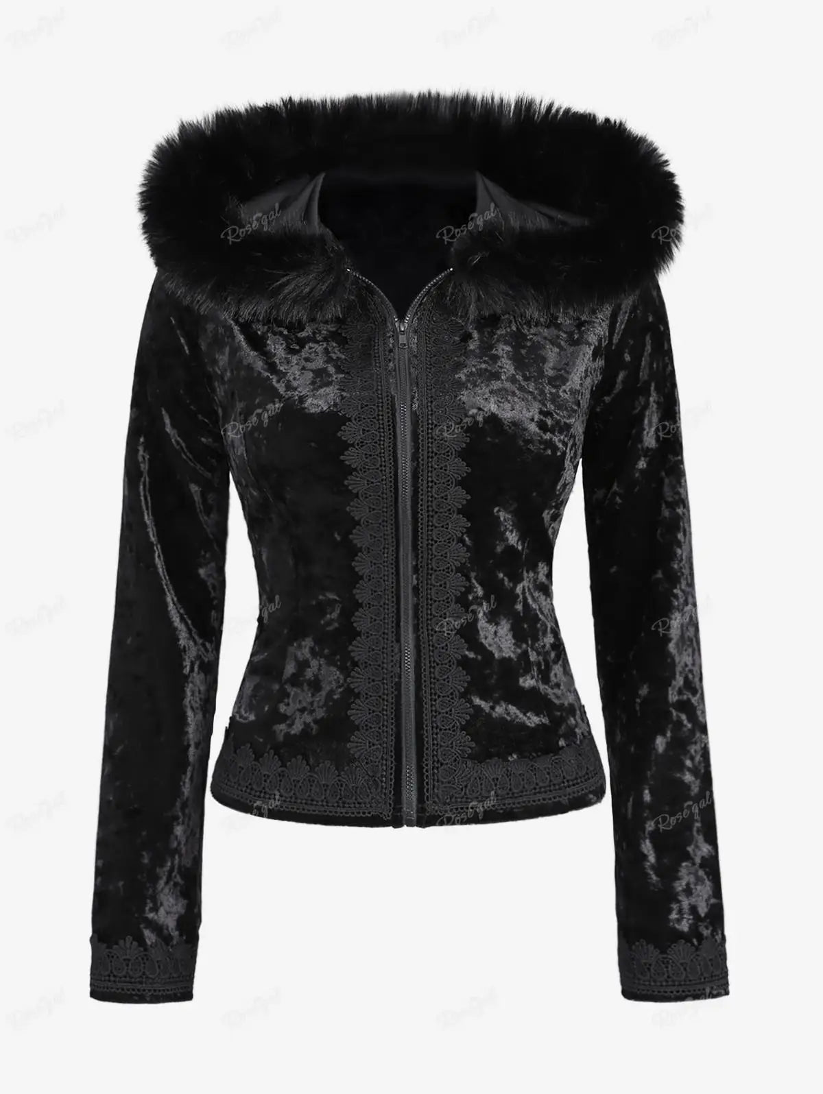 Aiertu  -  Plus Size Gothic Fur Coats Black Full Zipper Applique Panel Fur Trim Fluffy Collar Long Sleeves Velvet Coat Outwears Aiertu