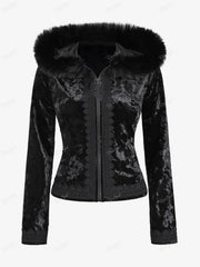 Aiertu  -  Plus Size Gothic Fur Coats Black Full Zipper Applique Panel Fur Trim Fluffy Collar Long Sleeves Velvet Coat Outwears Aiertu