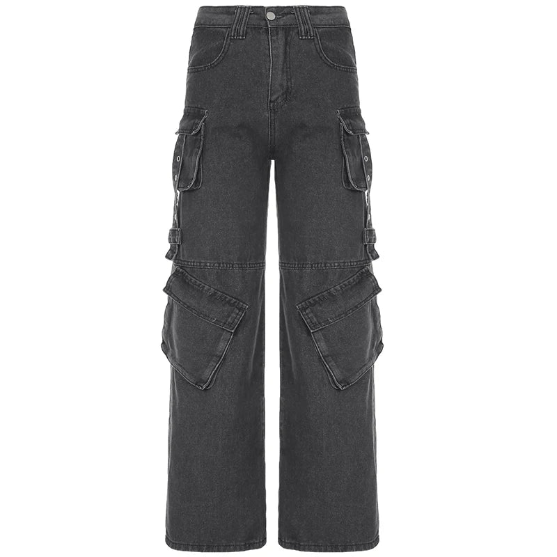 Aiertu  -  Gothic Fashion Women Cargo Jeans Grunge Loose Fit Pocket Denim Pants Harajuku Y2K Boyfriend Style Wide Leg Trousers Aiertu