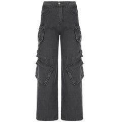 Aiertu  -  Gothic Fashion Women Cargo Jeans Grunge Loose Fit Pocket Denim Pants Harajuku Y2K Boyfriend Style Wide Leg Trousers Aiertu