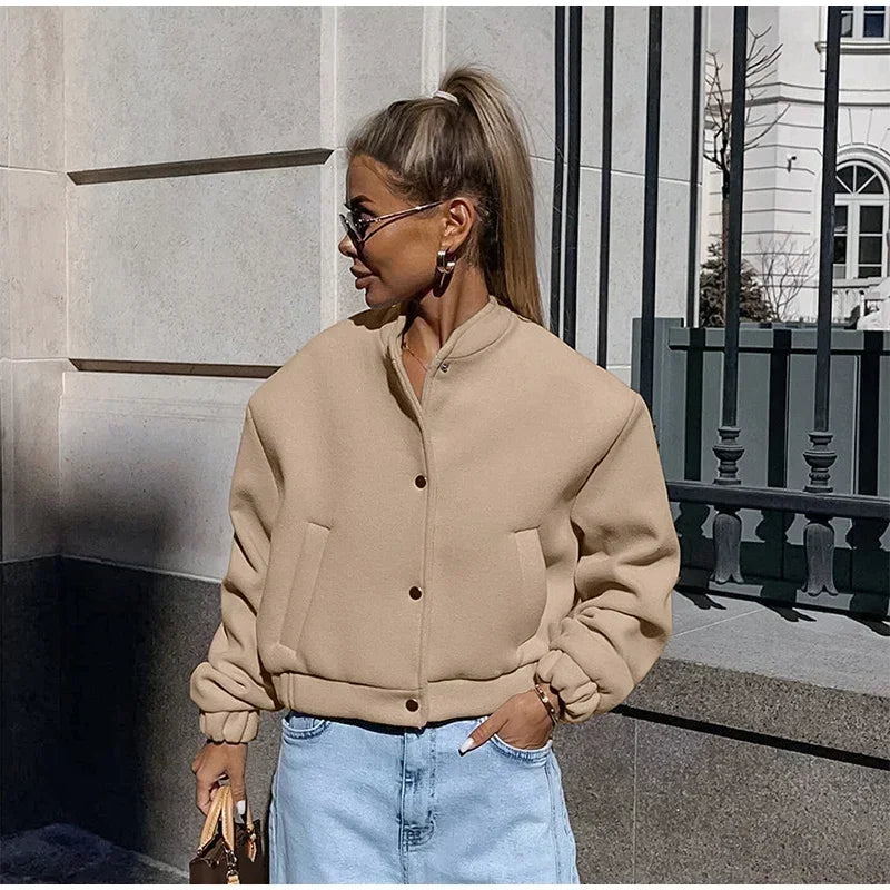 Aiertu  -  Casual Short Bomber Coats Women Loose O-neck Long Sleeve Single Breasted Jacket 2026 Autumn New Lady Vintage Solid Tops Outwear Aiertu