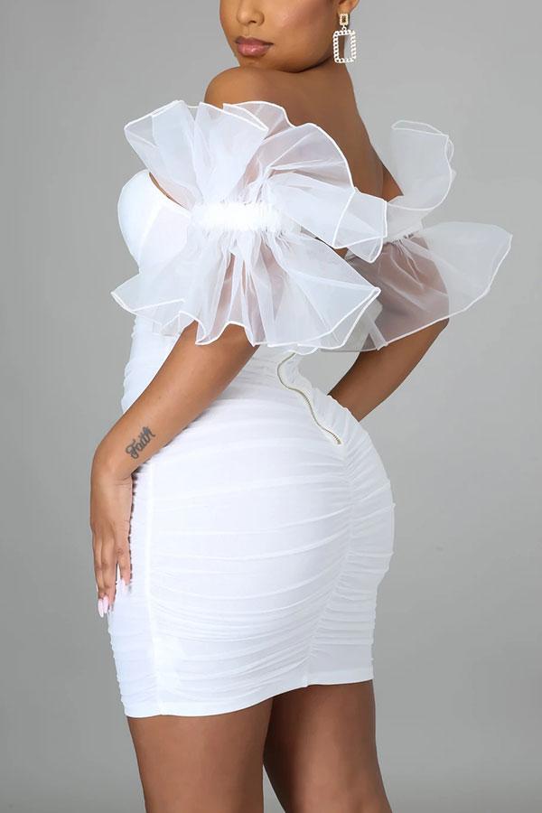 Aiertu Solid Color Ruffle Mesh Sleeve Pretty Bandeau Mini Dress Aiertu