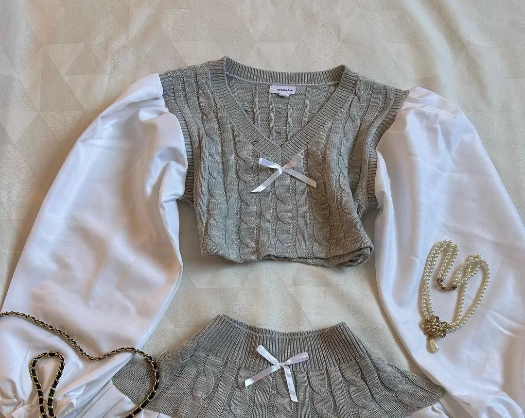 Aiertu  -  American Sweater Skirt Suit Two Piece Harajuku Women Fashionable V Neck Vest Striped Knitted Stitching Sexy Mini Skirt Short Top Aiertu