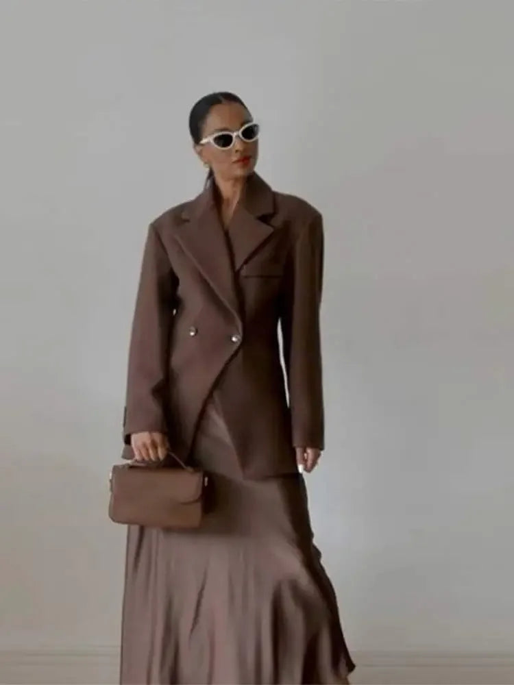 Aiertu  -  Casual Brown Lapel With Pocket Jacket Woman Fashion Cuff Buttons Long Sleeve Blazer Coat 2026 Lady Autumn High Street Outwear Aiertu