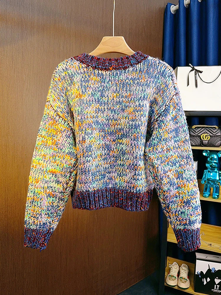 Aiertu  -  Chunky Wool Blended Jumper Multi Color Ombre Purple Pullover Sweater Crew Neck Cropped Knitted Tops Autumn/Winter Women Knitwear Aiertu