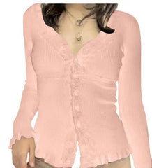 Aiertu  -  French Elegant Patchwork Lace Buttons Women Sweatshirts American Vinateg Popular Slim Knitted Cardigan Y2k Aesthetic Clothes Aiertu