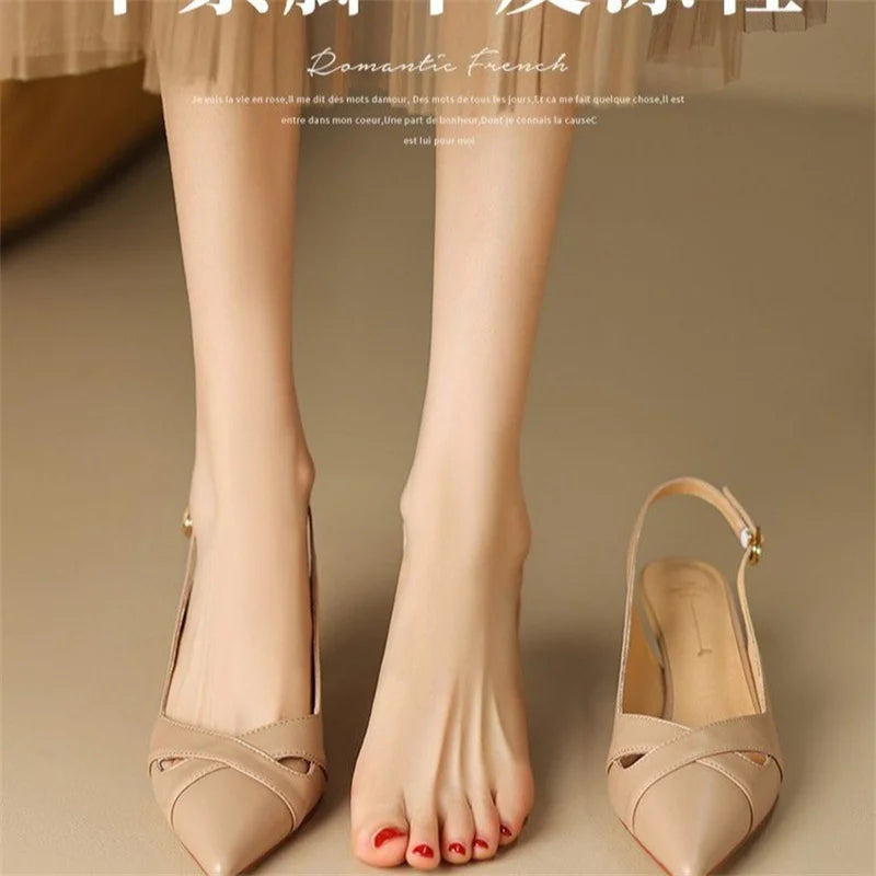Aiertu  -  New Summer Fashion Comfortable Casual Wear-resistant Shallow Mouth Pointed Toe Toe Hollow Back High Heels Sheepskin Sandals Aiertu