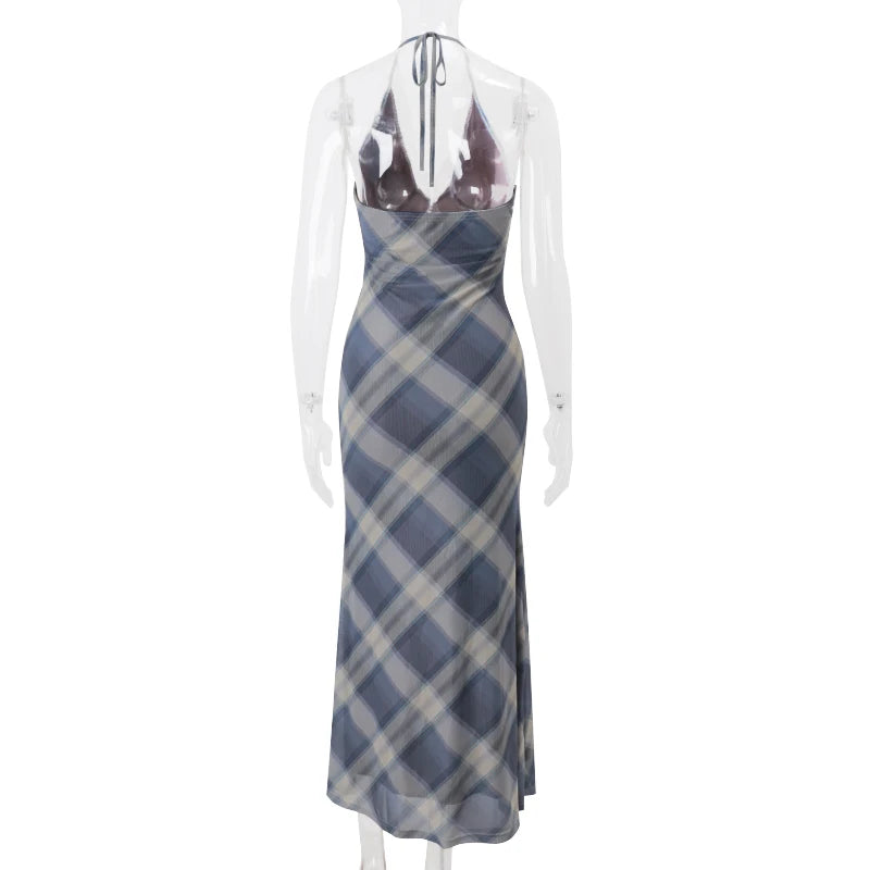 Aiertu  Plaid Print Elegant Vintage Lace Edge V-neck Sexy Halter Backless Bodycon Maxi Dress Summer New Evening Women Vestidos Aiertu