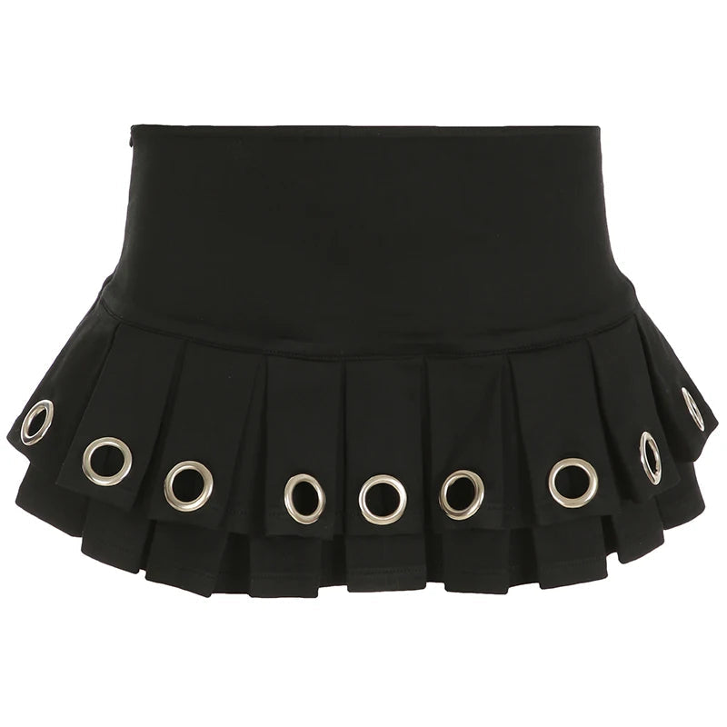 Aiertu  -  Women Gothic Style Pleated Skirt Grommet Eyelet Detail Stylish Layered Mini Skirts Party Outfits Punk Y2K Streetwear Aiertu