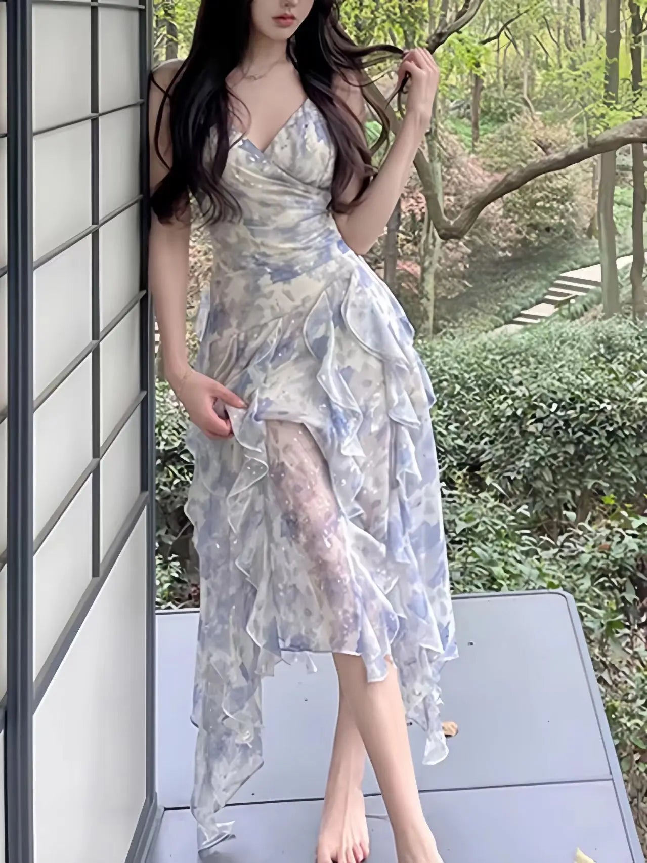 Aiertu  -  Elegant Floral Ruffles Fairy Holiday Dresses Summer New Women's Irregular Spaghetti Straps One Piece Korean Party Dress Clothes Aiertu