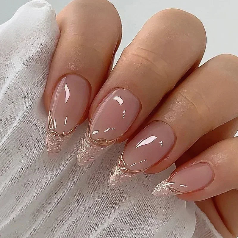 Aiertu 24Pcs Pink Almond French Press on Nails With 3D Bow ripple charms Design Fake Nails Ballerina False Nails Full Cover Nail Tips Aiertu