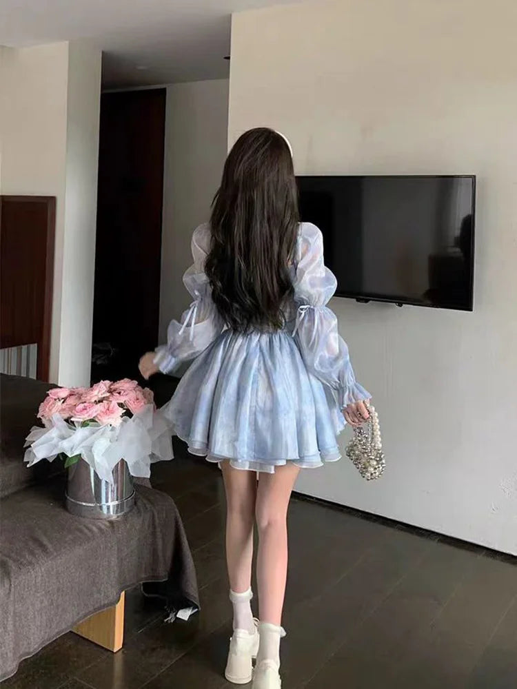 Aiertu DRESS TO IMPRESS Puffy Dress Puff Sleeves Women Elegant Summer Blue Birthday Party Dress Lady High Waist A-Line Gentle Sweet Dress Aiertu