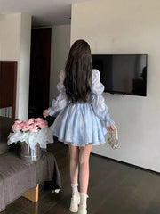 Aiertu DRESS TO IMPRESS Puffy Dress Puff Sleeves Women Elegant Summer Blue Birthday Party Dress Lady High Waist A-Line Gentle Sweet Dress Aiertu