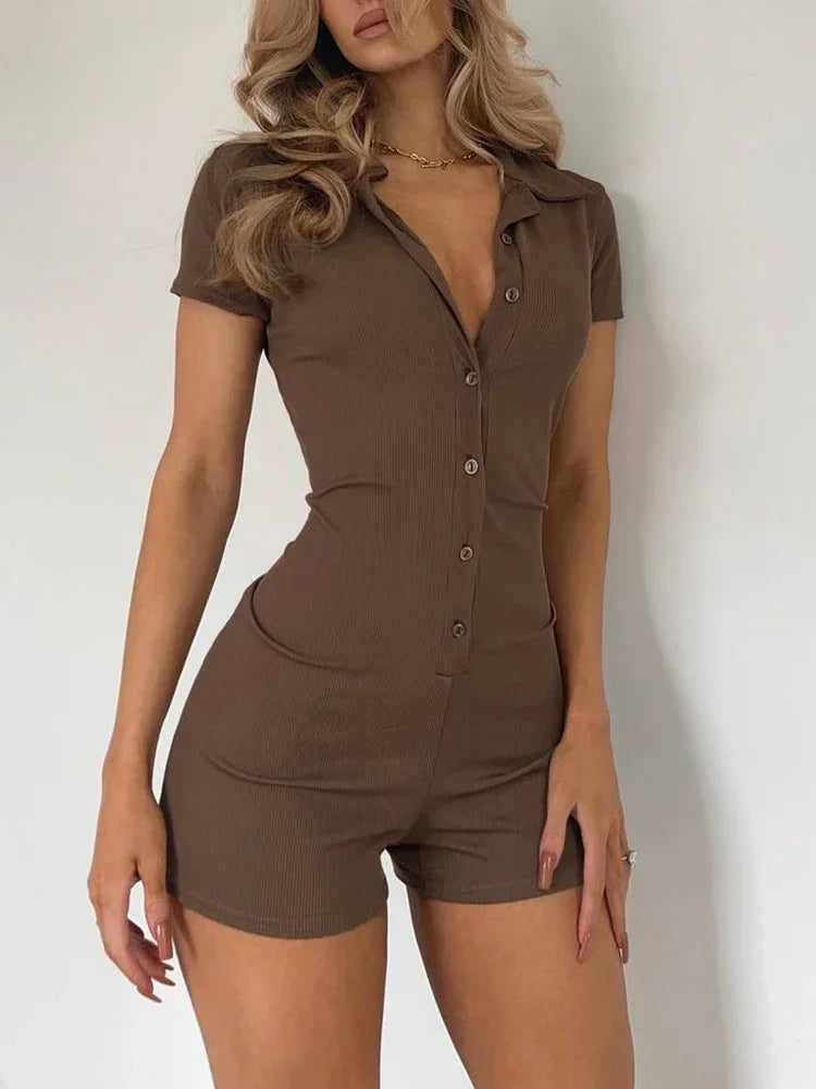 Aiertu  -  Solid Button Up Turn Down Collar Short Sleeve Slim Ribbed Rompers Womens Playsuit Basic Vintage Casual Summer Shirts Aiertu