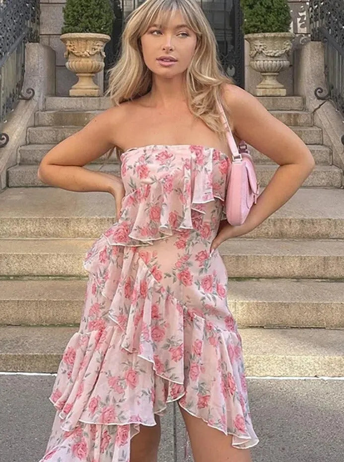 Aiertu  Floral Print Spaghetti Strap Dresses Mini Women Sexy Backless Halter Neck Spring Summer Ruffle Casual Beach Dress Aiertu