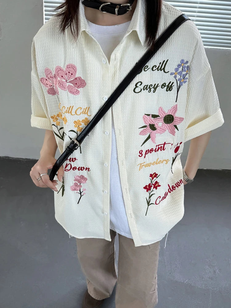 Aiertu  -  Harajuku Embroidery Floral Blouse Female Short Sleeve Oversize Summer Shirts for Women American Retro Button Up Cardigan Aiertu