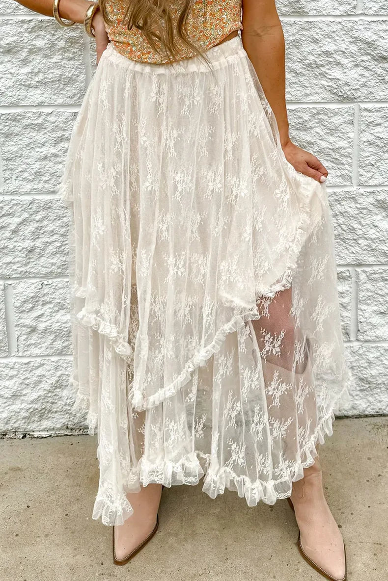 Aiertu  -  New Irregular Lace Long Skirt Elastic Waist Loose Women Skirt Ruffle Bohemian Vacation Summer Skirts Cowbaoy Female Cloth Aiertu