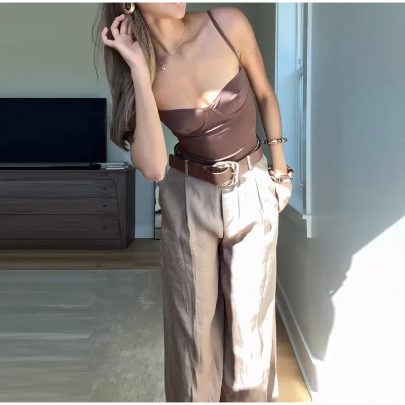 Aiertu  -  Women's Straight Pants Solid High Waist Belt Pockets Wide Leg Long Trousers Female 2025 Spring Lady Vintage High Street Wears Aiertu