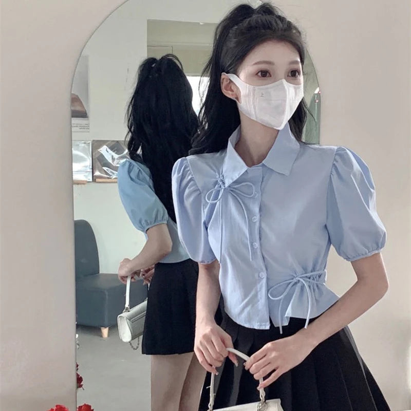 Aiertu Sweet Bow Shirts Women Streetwear Hollow Out Folds Crop Tops Summer Korean Kawaii Fashion Puff Short Sleeve Tunic Tops New Aiertu
