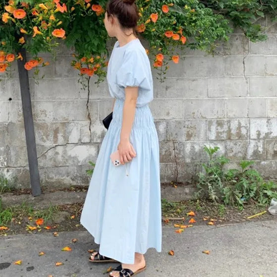 Aiertu  New Women Summer Vintage 2 Two Pieces Skirt Set Puff Sleeve Crop Top with Elastic High Waist Long Skirts Aiertu