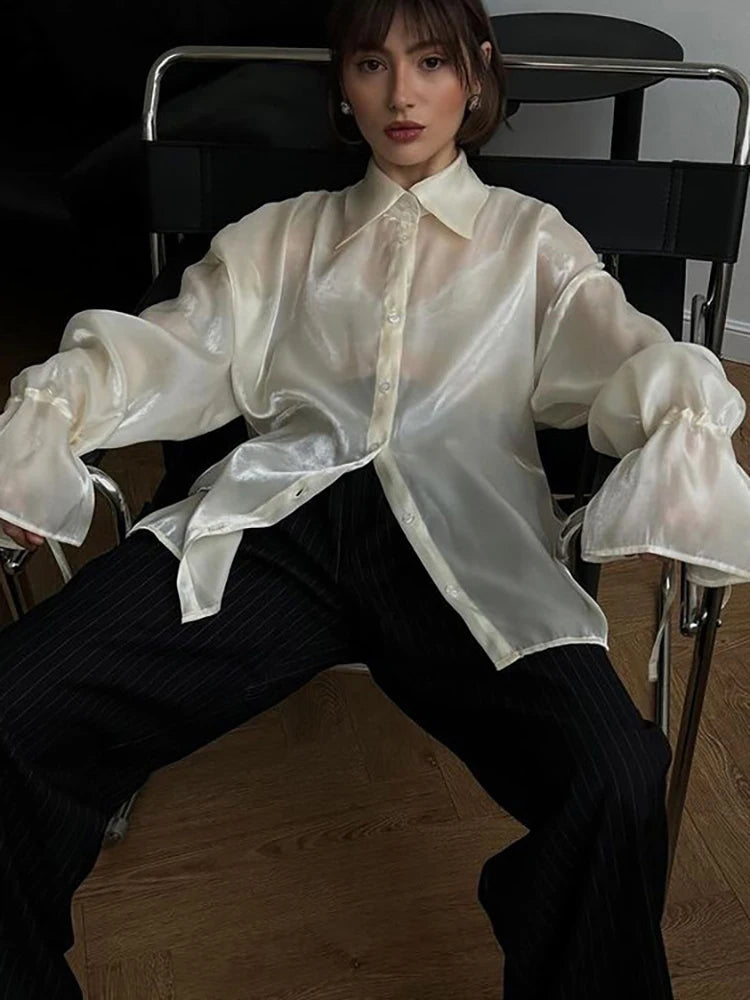 Aiertu  -  layered look inspo Turn-down Collar Button Women Blouses Beige See Through Long Sleeve Blouses Female Winter Loose Casual Streetwear Aiertu