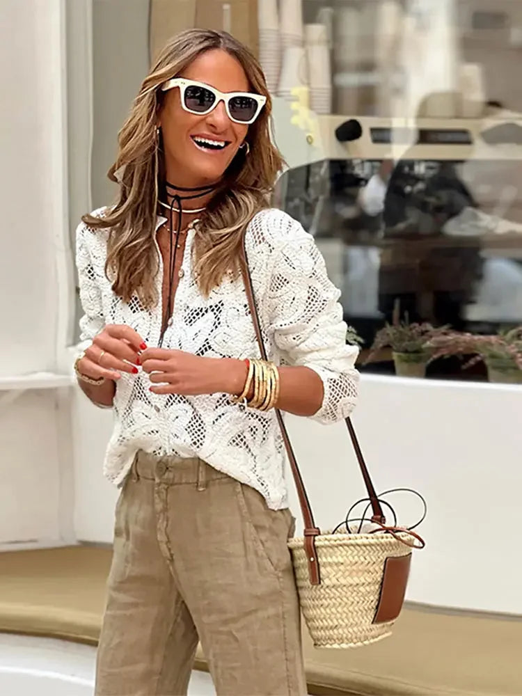 Aiertu  -  Fashion Hollow Out Buttons Shirt For Women Chic O Neck Single Breasted Long Sleeve Blouse 2026 Chic Female Commuting Streetwear Aiertu
