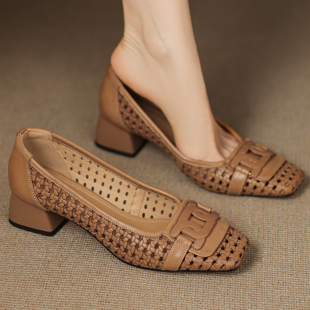 Aiertu  women's hollow-out cow leather slip-on summer breathable pumps crystal buckle elegant ladies 4cm thick med heel shoes Aiertu