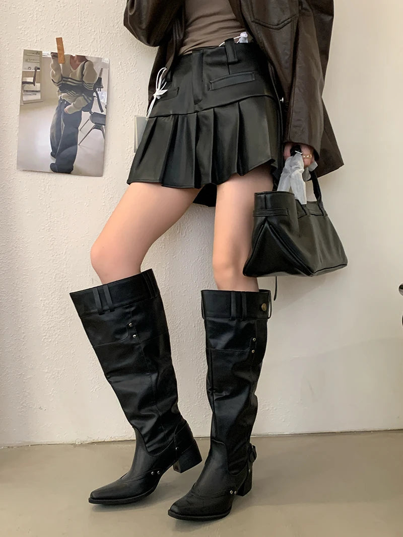 Aiertu    -  Black Boot Knee High Long Shoes Woman Pointed Toe Chunky Heels White Winter Boots Fashion Belt Buckle Rivet Wide-Leg Ladies Shoe Aiertu