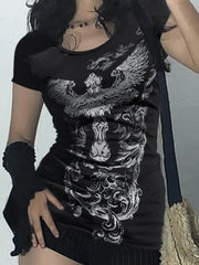 Aiertu  -  Gothic Print Black Short Sleeve T-shirt Women Chic Hollow Out Backless O-neck Tee Shirts Summer Streetwear y2k T Shirts Aiertu