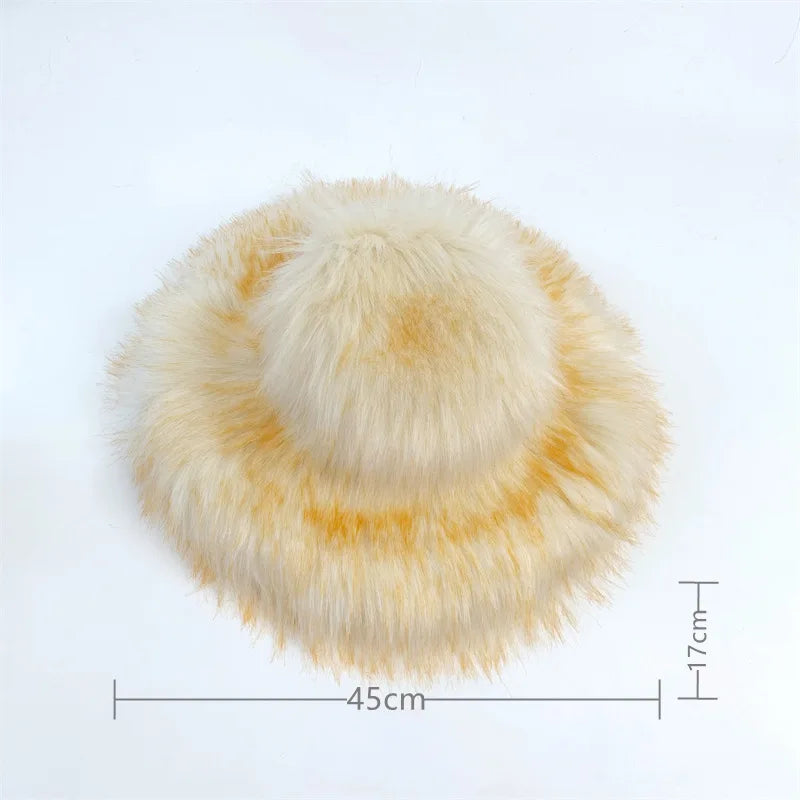 Aiertu  -  Luxury Fluffy Women Faux Fur Bucket Hats Oversized 17cm Wide Brim Thicken Outdoor Warm Plush Punk Hat Girl Y2k Female Ski Panama Aiertu
