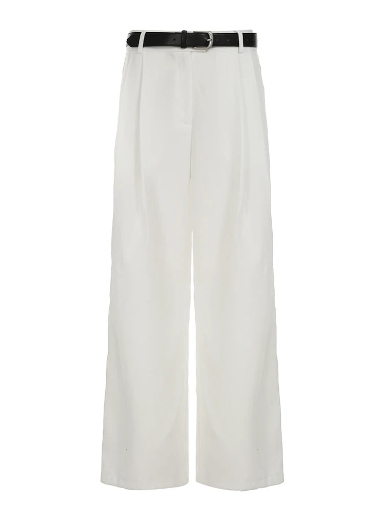 Aiertu  -  Casual White Loose Suit Pants with Belt Women Summer Street Style Baggy Straight Trouser Korean Fashion All-match Capris Aiertu