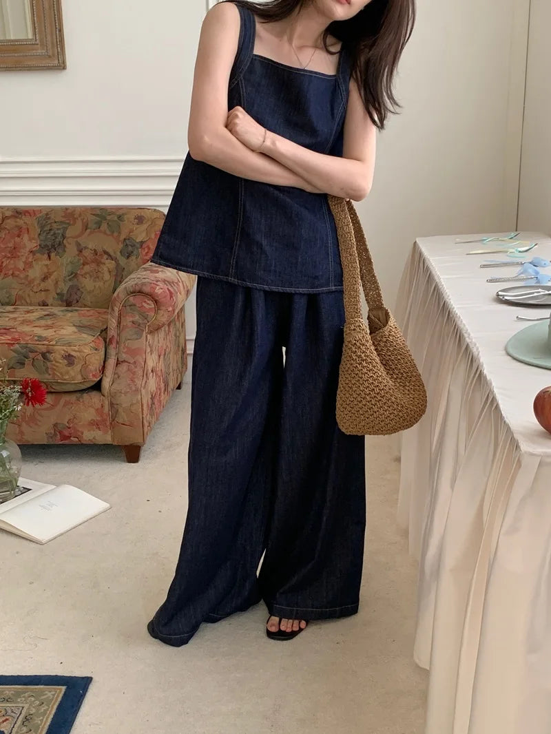Aiertu  -  Sweet Hot Girl Denim Suit Women's Summer Bow Back Sleeveless Shirt Elastic Waist Wide Leg Pants Two-piece Set Female Clothes Aiertu