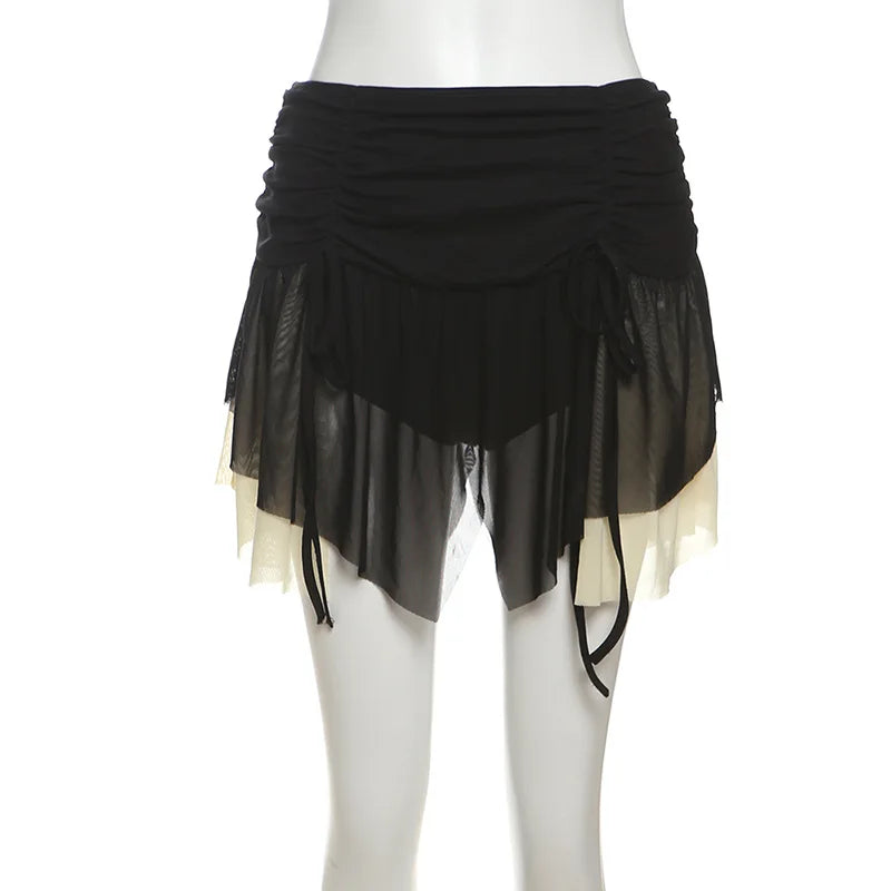 Aiertu  -  Summer 2 Piece Set for Woman Sexy Outfits Black Mesh Sheer Corset Top and Drawstring Pleated Mini Skirt Sets P94-EH32 Aiertu