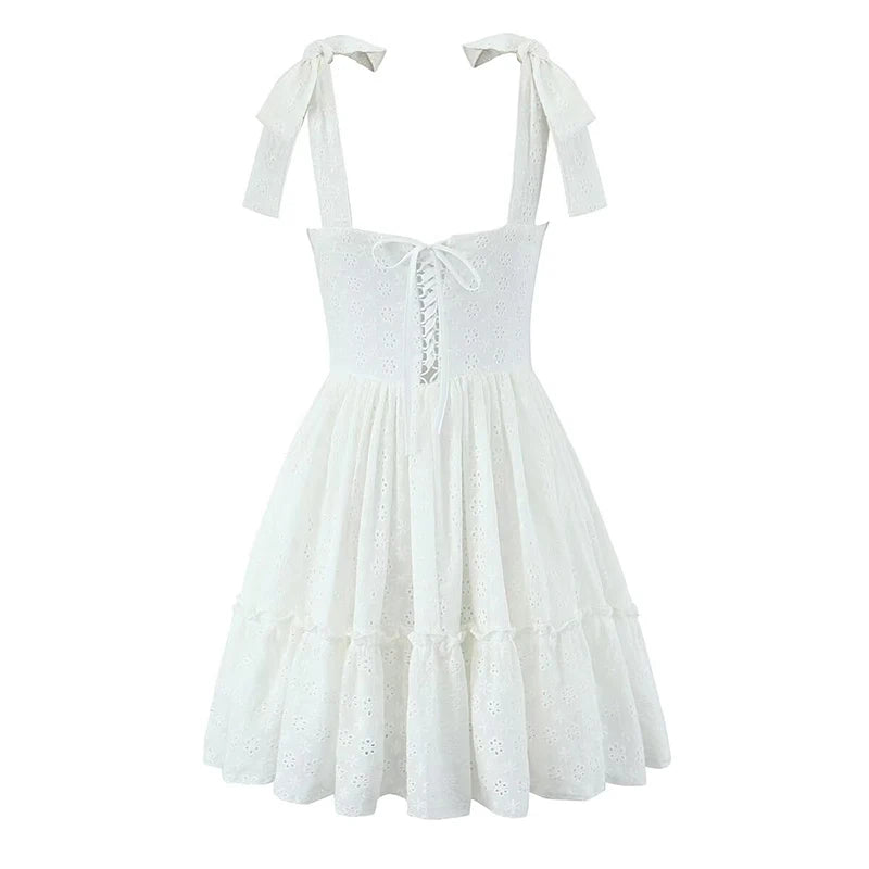 Aiertu  -  Summer 2025 Women Hollow Out Embroidery Sling Mini Dresses Lacing Up Back A-line Cotton Black White Short  Dresses Party Robe Aiertu