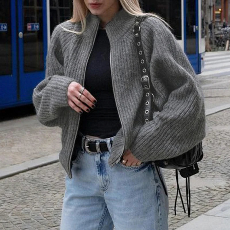 Aiertu  -  cold weather outfits Y2K Double Zipper Cardigan Women High Street Knitted Turn-down Collar Sweater Winter Lady Minimalist Knitwear Casual Aiertu