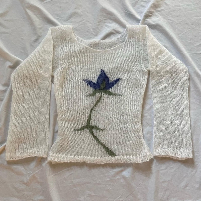 Aiertu  -  Vintage Y2K Knitted Sweater Flower Aesthetics Graphic Print Pullover Tops Long Sleeve Slim 2000s Harajuku Sweater Top Streetwear Aiertu