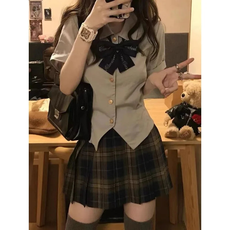 Aiertu Summer Japanese Fashion Lapel Bow Short Top Plaid Pleated Skirt Jk Suit 2pcs Women Korean Girls School Uniform Plus Size XL Aiertu