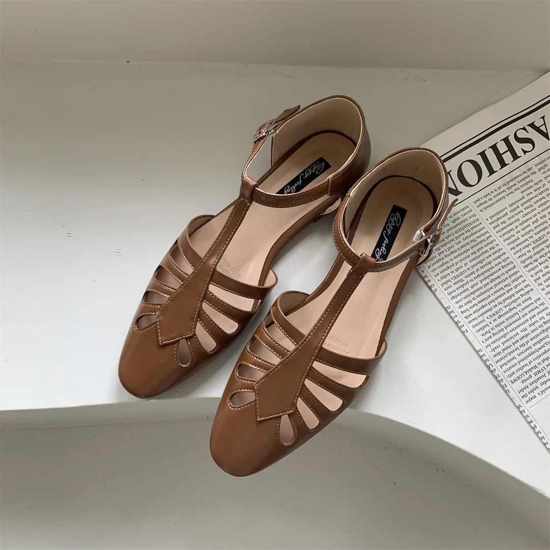 Aiertu  -   T-strap Rome Flat Sandals Women Hollow Out Vintage Summer Mary Janes Shoes Ladies Pu Leather Holiday Elegant Gladiator Sandals Aiertu