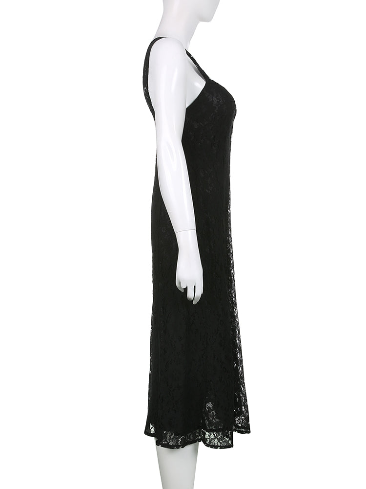 Aiertu - Lace Button Front Black Maxi Dress Aiertu