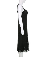 Aiertu - Lace Button Front Black Maxi Dress Aiertu