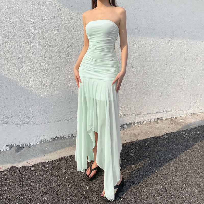 Aiertu  -   Asymmetric Mesh Patchwork Tube Dress Yellow Green Color Strapless A-line Long Dresses for Party Holiday Elegant Robe Aiertu
