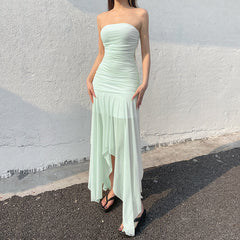 Aiertu  -   Asymmetric Mesh Patchwork Tube Dress Yellow Green Color Strapless A-line Long Dresses for Party Holiday Elegant Robe Aiertu