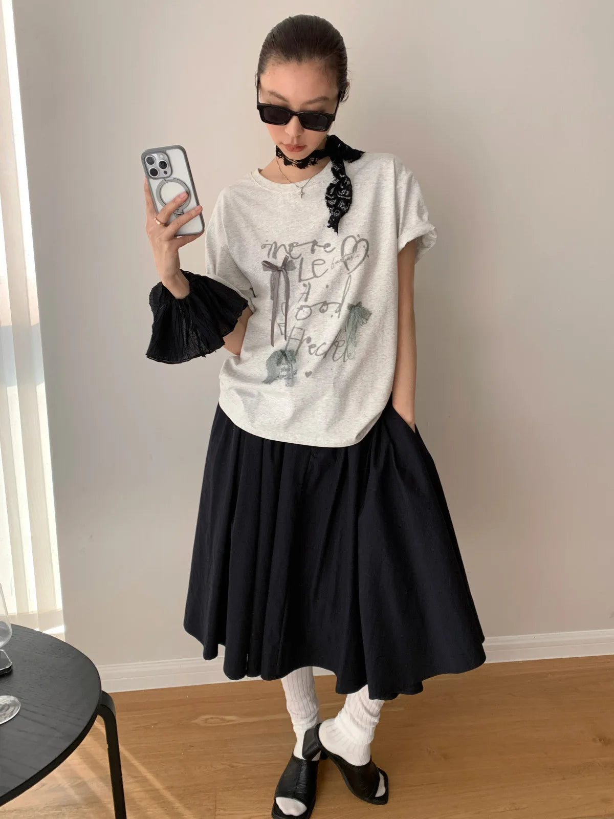 Aiertu  -  Summer new Korean loose letter printing lace bow decoration loose round neck short-sleeved T-shirt Aiertu