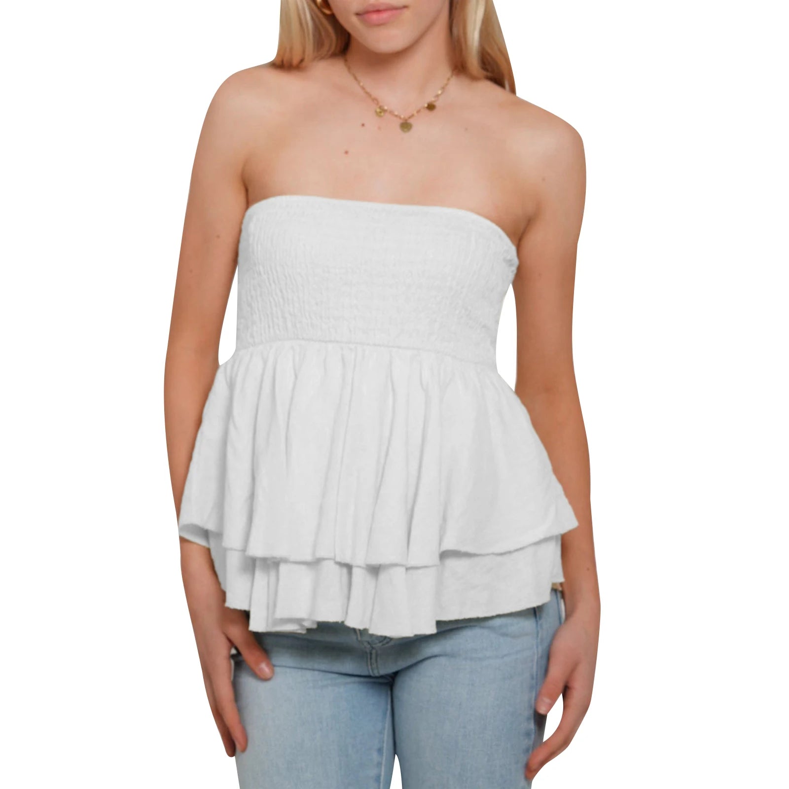 Aiertu  Summer Shirred Tube Tops for Women Off Shoulder Backless Sleeveless Layered Ruffle Vest for Party Club Aiertu