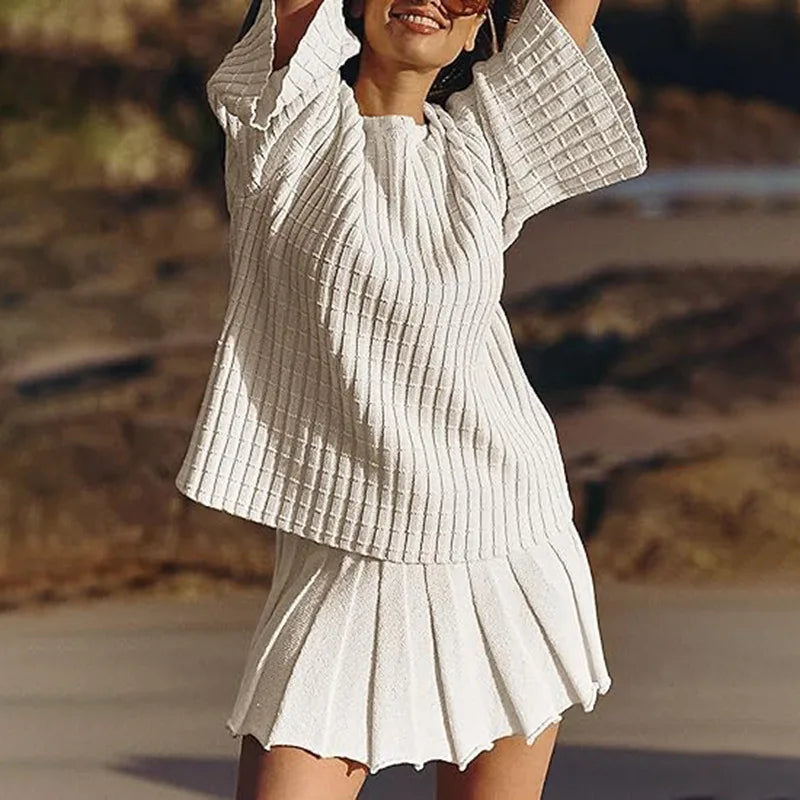 Aiertu  -  Knitted Mini Skirts Set Women 2 Pieces Flare Sleeve Sweater A-line Skirt Pleated Elegant New Lady All-matching Outfit Spring Aiertu