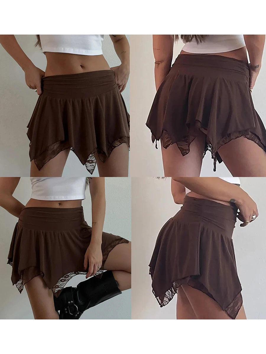 Aiertu  -  Women's Summer Mini A-Line Skirts Casual Mid Waist Solid Color Lace Asymmetrical Skirts Short Skirts Streetwear Aiertu