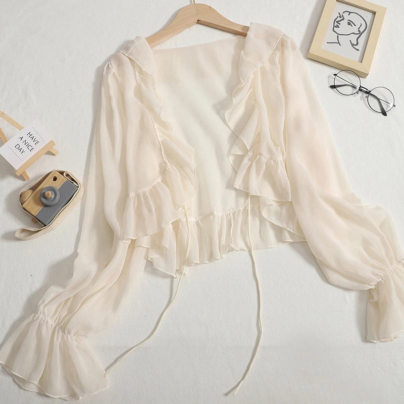 Aiertu Ruffles Chiffon Sun Protection Shirt Women Solid Lace Up Flare Sleeve Sunscreen Blouses Cardigan Loose Casual Thin Tops Aiertu