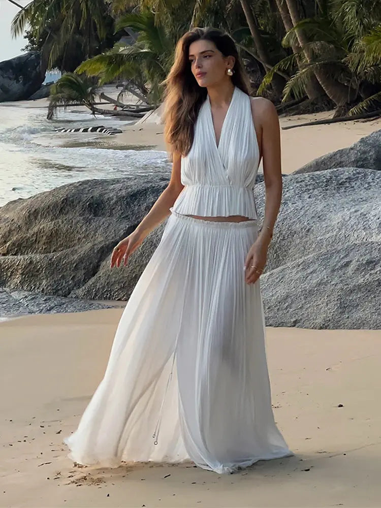 Aiertu  -  Fashion Pleated Long Skirts Set Women Sexy Sleeveless Backless Halter Tops High Waist Mermaid Skirt Vacation Beach 2 Pieces Sets Aiertu